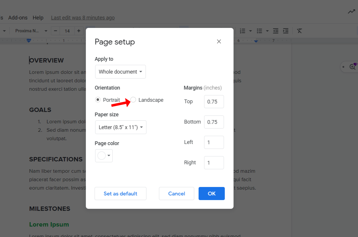 How to change to Landscape in Google Docs