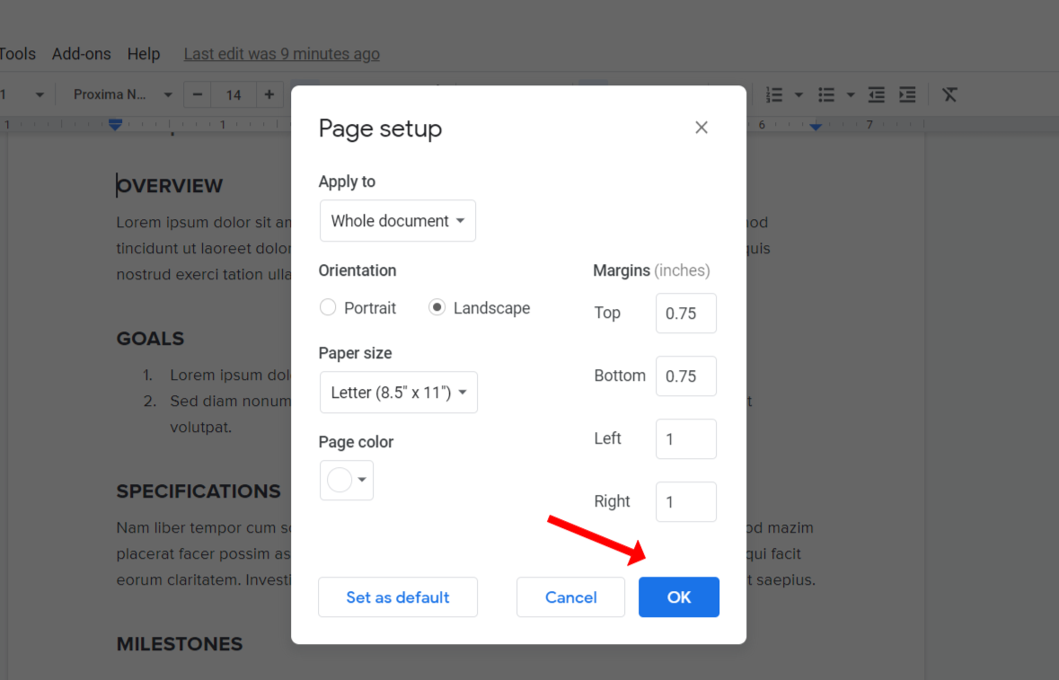 portrait vs landscape layout google docs