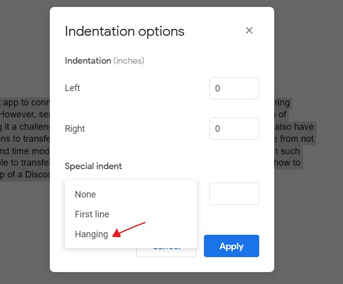 creating hanging indent google docs