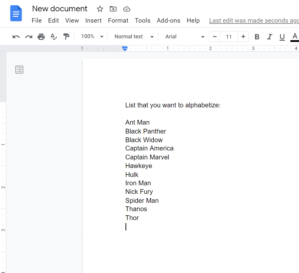 alphabetize no Google docs