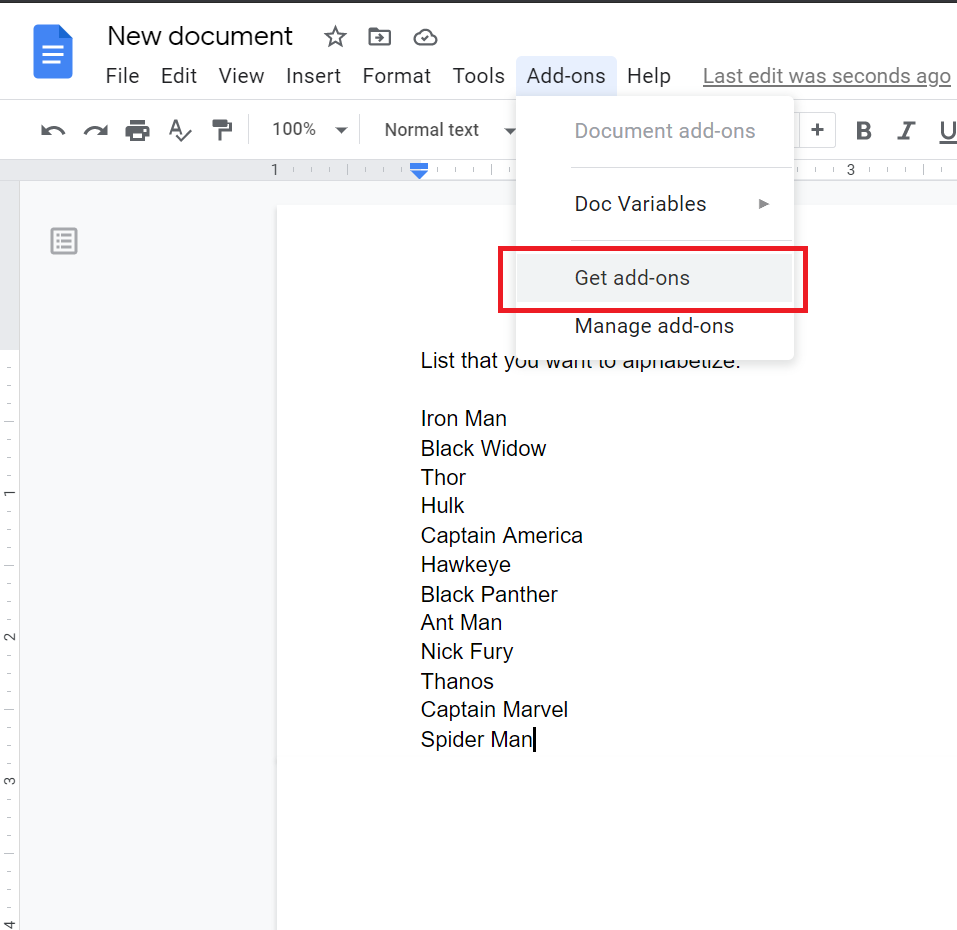 alphabetize in google docs