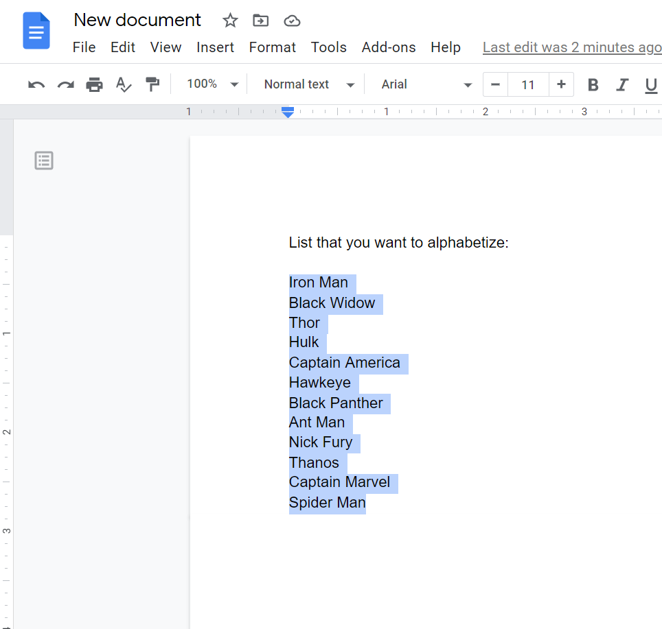 alphabetize in google docs