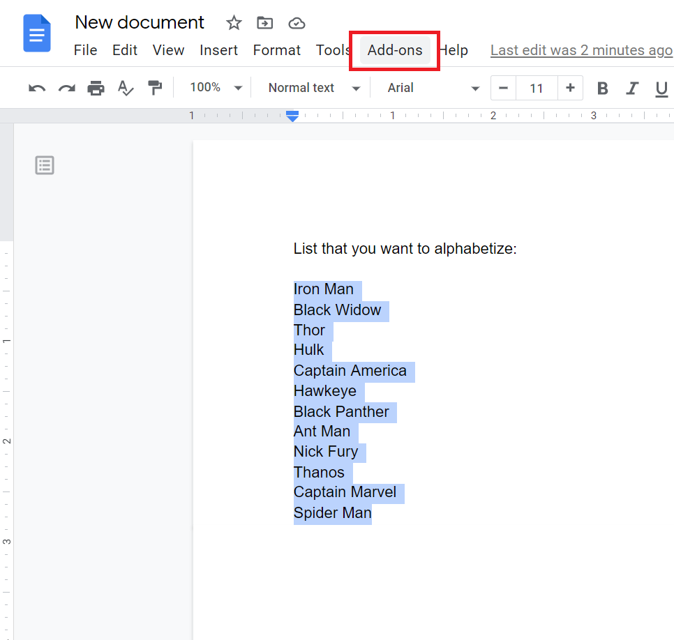 alphabetize in google docs