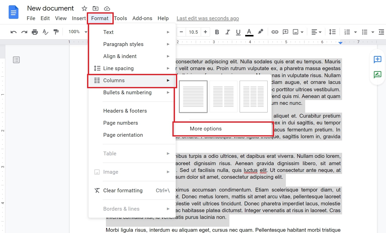 columns in google docs