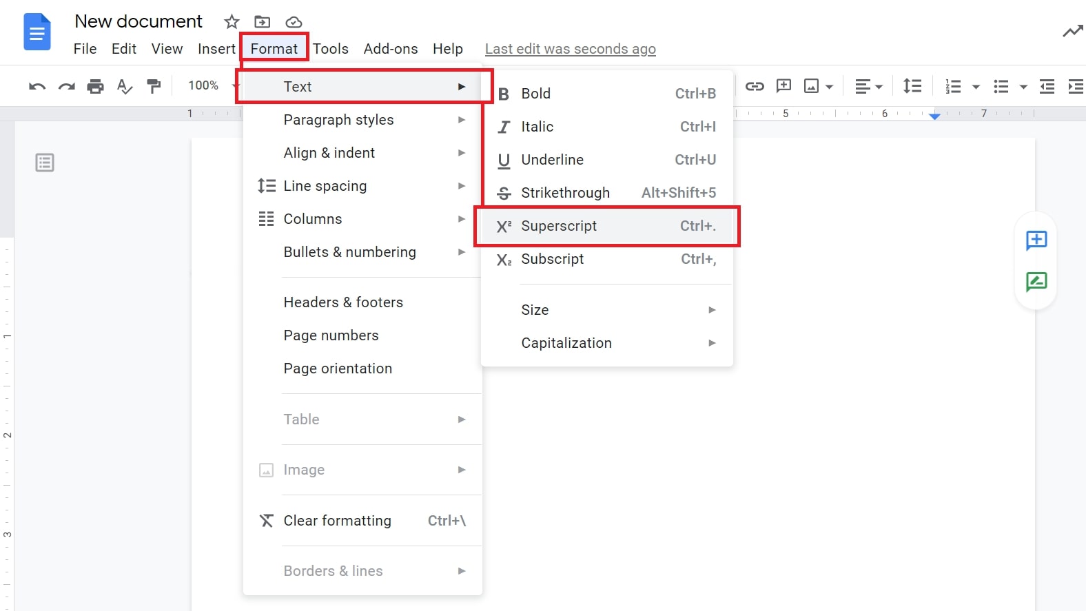 keyboard shortcut for subscript google docs