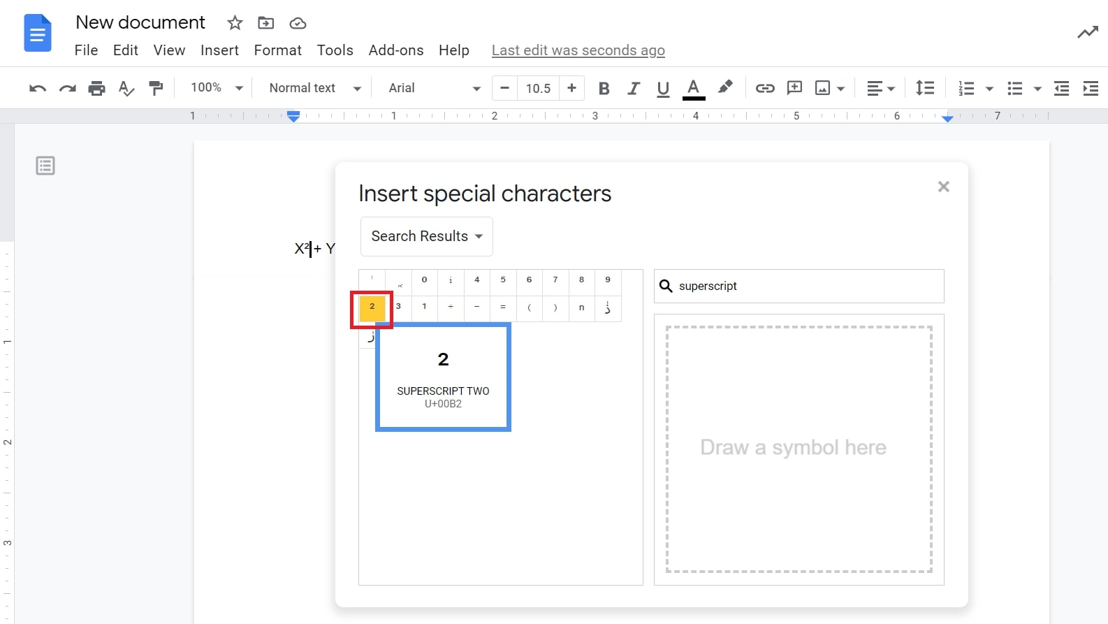 superscript google docs