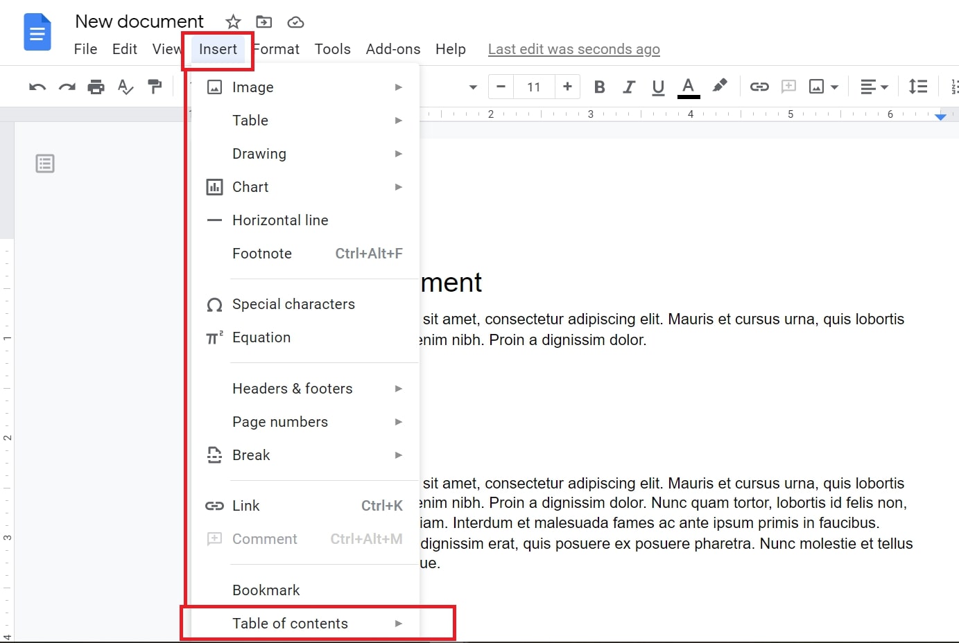 table of contents google docs