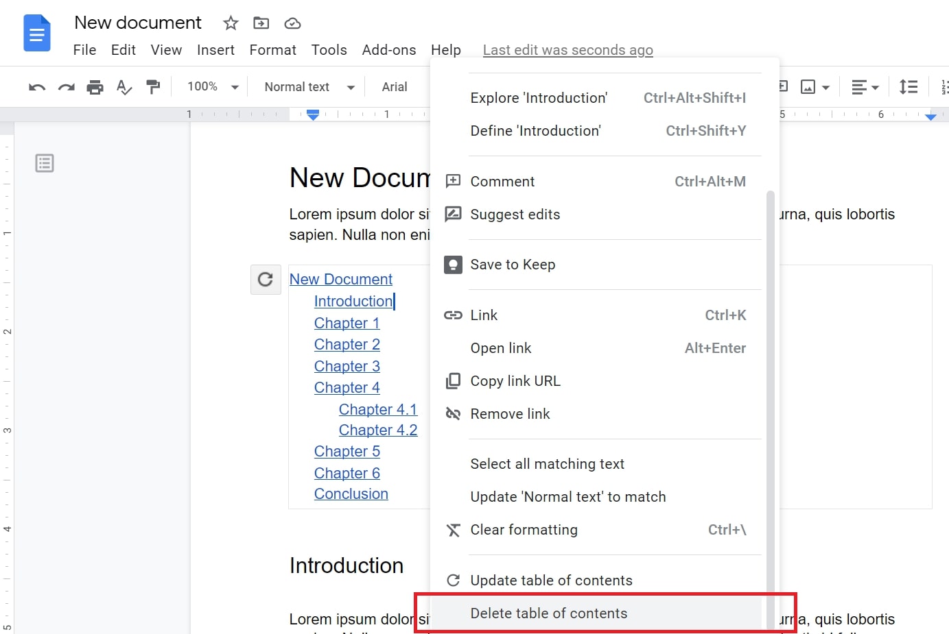 table of contents google docs