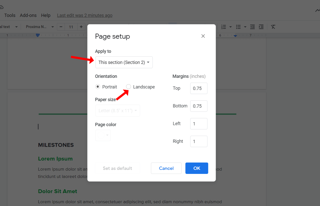 How to change to Landscape in Google Docs