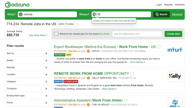 Adzuna- Remote Jobs Board, best job sites for remote work